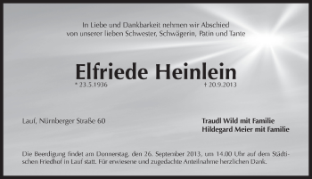 Traueranzeige von Elfriede Heinlein von Pegnitz-Zeitung